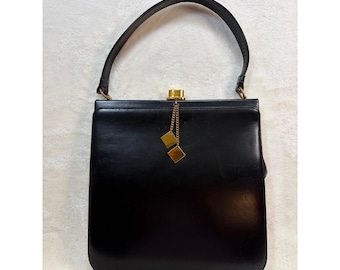 Bags by Dorian Black Leather Vintage Top Strap Handbag with Top Hat Clasp