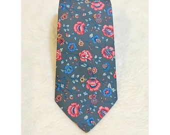 Roberto London Herren-Krawatte in Grau mit Pinken und Blauen Floralen Akzenten