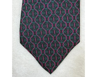 Bert Pulitzer Seidenkrawatte mit Pferdegebiss, schwarz, pink, türkis, Herren, Vintage, exzellent
