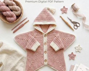 Crochet Baby Star Cardigan Pattern | Hooded Star Bunting PDF | Ages 0-6 Months | instantly download,