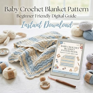 May include: A baby blanket with blue and cream stripes is shown with yarn, a crochet hook, and a tablet. The tablet displays a digital guide for a baby crochet blanket pattern. The text "Baby Crochet Blanket Pattern" is visible.