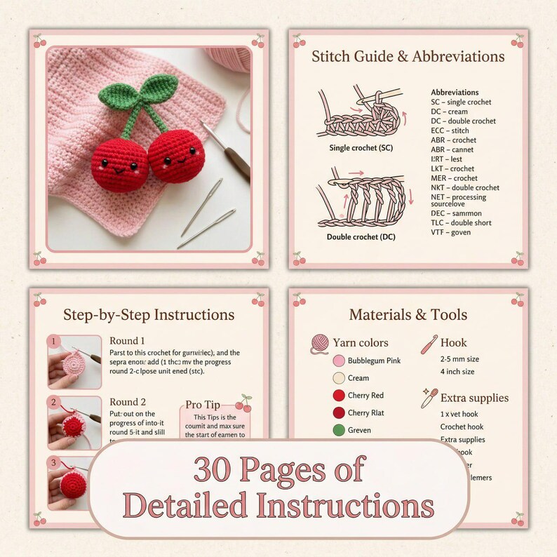May include: A crochet pattern guide with step-by-step instructions for making a pair of red cherry ornaments. The guide includes yarn colors, hook size, and abbreviations. The text reads "30 Pages of Detailed Instructions."
