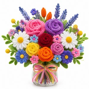 May include: A vibrant bouquet of handcrafted pipe cleaner flowers in shades of pink, purple, red, orange, yellow, white, and blue. The arrangement includes roses, daisies, and lavender-like stems, all displayed in a clear glass vase tied with a multi-colored striped pipe cleaner bow.