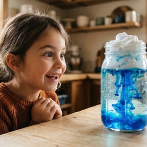 Op de afbeelding: Een jong meisje glimlacht naar een glazen pot gevuld met blauwe vloeistof en wit schuim. De pot staat op een houten tafel. De achtergrond toont een keuken met houten kasten en een raam.