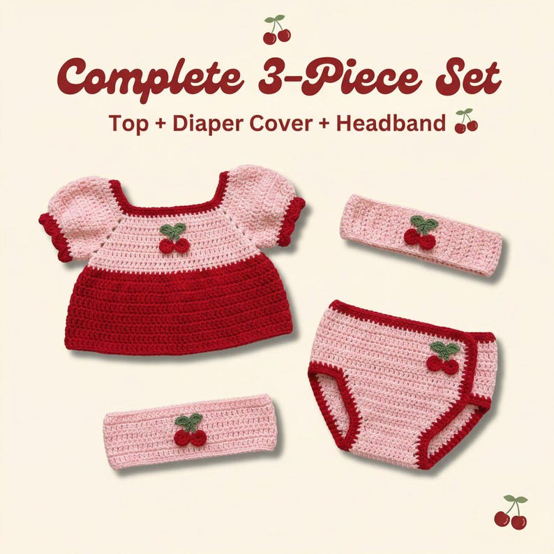 Sweet Cherry Garden Crochet Baby Outfit Pattern | 0-12M Top, Diaper Cover, Headband (PDF Download) image 5