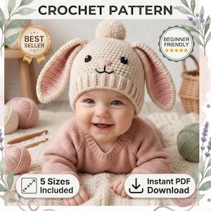 May include: A baby wearing a cream-colored crochet bunny hat with pink inner ears, smiling. The image includes text that says "CROCHET PATTERN", "BEST SELLER", "BEGINNER FRIENDLY", "5 Sizes Included", and "Instant PDF Download".
