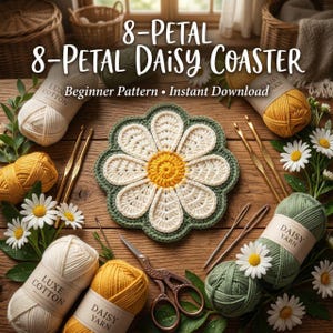 8-Petal Daisy Crochet Coaster Pattern: Beginner Floral Mug Rug, PDF Download