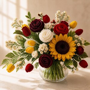 Pipe Cleaner Flower Bouquet Pattern PDF, Chenille Stem Flower Tutorial, Sunflower Rose Tulip DIY Bouquet, Handmade Floral Craft
