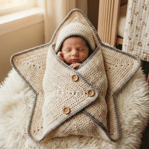 Puede incluir: Un bebé recién nacido envuelto en una manta de crochet en forma de estrella de color crema con una capucha a juego. La manta se asegura con dos botones de madera y está ribeteada con hilo gris. El bebé está acurrucado sobre una superficie blanca y esponjosa.