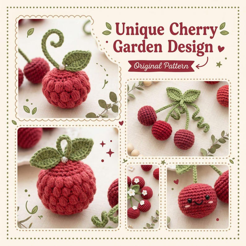 May include: A collage of handmade crochet cherries in various arrangements. The cherries are red with green leaves and stems. The text "Unique Cherry Garden Design" and "Original Pattern" are also visible.
