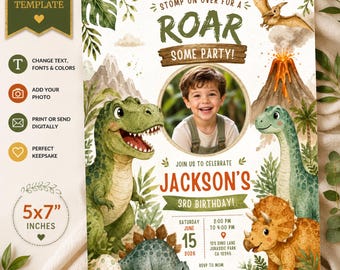 Dinosaurus verjaardagskaart met foto, uitnodiging voor een T-Rex brullend Jurassic feest voor een jongen, bewerkbare Canva-sjabloon