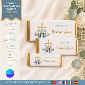 May include: Three rectangular chocolate bar wrappers with gold foil edges, featuring a central gold cross, blue and white floral accents, and the text THE BAPTISM OF William James. The design includes editable text fields for customization.