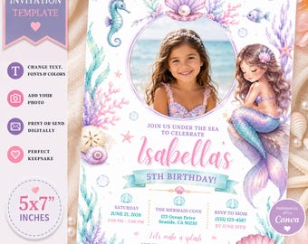 Mermaid Birthday Invitation, Girl Under the Sea Photo Party, Coral Reef Watercolor, Printable Canva Template