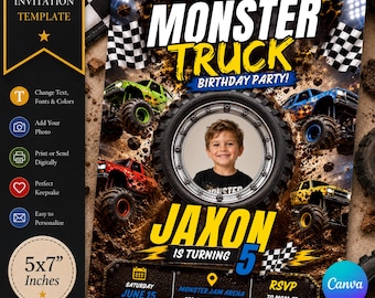 May include: An editable 5x7 inch monster truck birthday party invitation template featuring a large tire frame for a photo, checkered flags, mud splatters, and text including REV UP FOR A MONSTER TRUCK BIRTHDAY PARTY, JAXON IS TURNING 5, and event details.