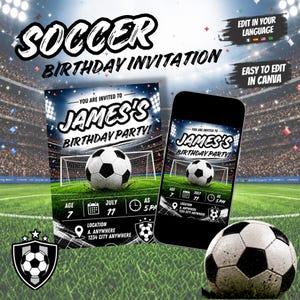 Pode incluir: Um modelo de convite de aniversário de futebol com fundo de estádio, uma bola e uma rede. O texto diz "You are invited to James's birthday party" com espaços para a idade 7, 11 de julho, 17h e detalhes sobre o local do evento.