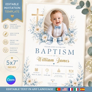 Op de afbeelding: Een bewerkbaar doopuitnodigingssjabloon met een gouden kruis, blauwe bloemaccenten en een centraal ovaal fotokader. De tekst bevat 'BAPTISM OF William James', evenementdetails voor 16 mei 2027, St. Michael Church en RSVP-informatie.