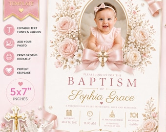 Baptism Invitation Girl, Dusty Pink Floral Christening Photo, Elegant Blush Rose Ceremony, Printable Canva Template