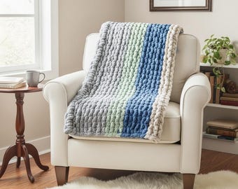 Chunky Knit Throw Blanket | Blue Gray Sage Chenille | Cozy Cottage Style Home Décor