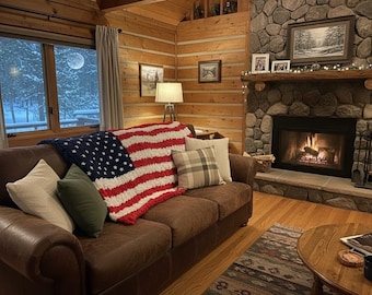 American Flag Chunky Knit Blanket, Cozy Chenille Throw, Patriotic Red White Blue Home Decor