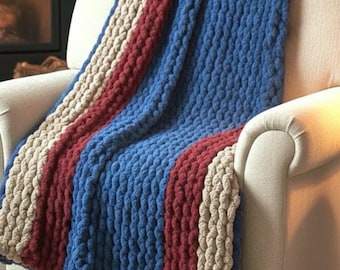 Chunky Knit Chenille Blanket Throw, Handmade Americana Striped Blanket, Soft Cozy Couch Throw 42x52, Farmhouse Cottage Decor, Gift for Her