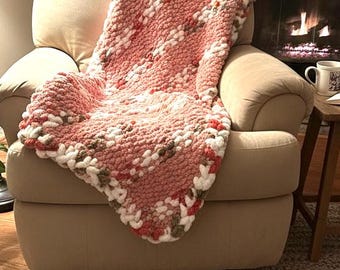 Blush Chunky Knit Blanket Throw | Handmade Chenille Blanket | Cozy Cottage Decor | Soft Pink Variegated Throw | Made to Order Gift