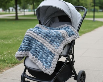 Chunky Knit Baby Blanket | Blue Gray Chenille Nursery Stroller Warmth