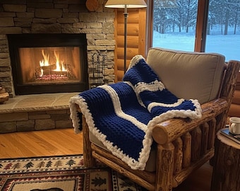 Chunky Knit Chenille Blanket, Navy Cream Striped Throw, Cozy Farmhouse Decor Sofa Blanket