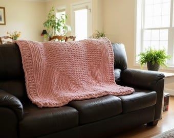 Chunky Knit Chenille Throw Blanket | Dusty Rose Cozy Cottage Couch Cover