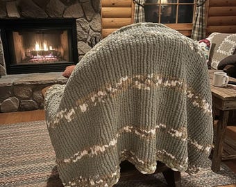 Chunky Knit Blanket Sage Green & Variegated Handmade Chenille Throw | Cozy Cottage Blanket | Farmhouse Decor | Soft Knit Gift | 50x60 Throw