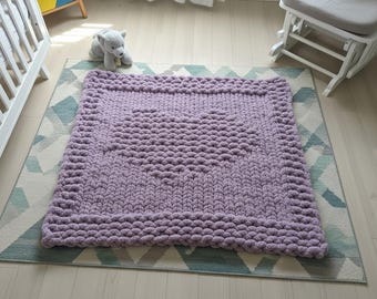 Chunky Knit Heart Baby Blanket | Lavender Chenille Crib Throw, Cozy Nursery Decor