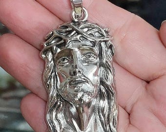 Silver Jesus Head of thorns Necklace Pendant - Mens Womens Jewelry