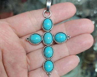Cross Necklace Pendant - Blue Turquoise Accents on Silver