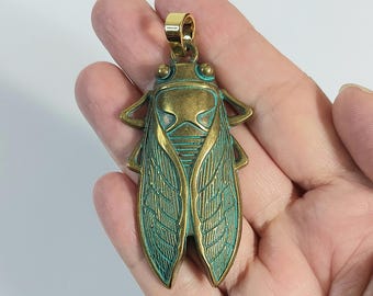 Brass Cicada Locust Necklace Pendant in Aged Green Patina - Unbranded Womens Jewelry