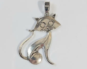 Large Silver Cat Necklace Pendant