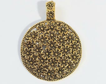 Large gold round floral necklace pendant