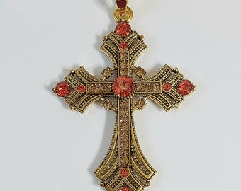 Gold-Tone Cross Pendant with Orange Crystals - Women Jewelry