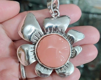 Silver and Pink/Coral Flower Necklace Pendant - southwest fashion