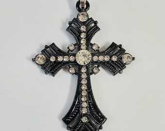 Black Cross Charm Necklace Pendant with Clear Crystals - Women Men Jewelry