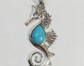 Seahorse Necklace Pendant with Turquoise Accent - Silver Tone Womens Jewelry