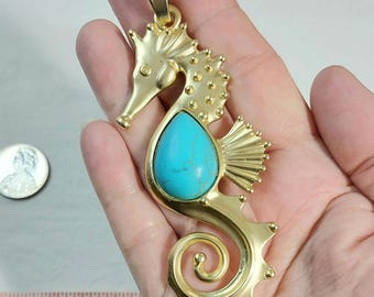 Seahorse Necklace Pendant with Turquoise Accent - Gold Tone Womens Jewelry