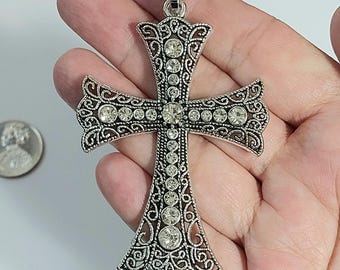 Rhinestone Filigree Cross Pendant - Silver Tone - Womens Mens Jewelry