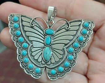 Silver oversized butterfly with blue accents Necklace Pendant - Women's Jewelry