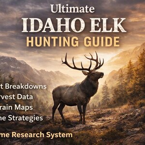 May include: An elk stands in a mountainous landscape, featured on the cover of the "Ultimate Idaho Elk Hunting Guide." The guide includes unit breakdowns, harvest data, terrain maps, and zone strategies. The text reads "5 Volume Research System."