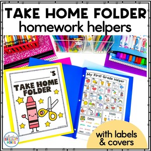 Könnte beinhalten: Eine blaue Mappe mit der Aufschrift Take Home Folder, einer Illustration eines rosa Buntstifts und einer gelben Schere sowie einer My First Grade Helper Alphabet-Tabelle, umgeben von bunten Stiften, Wachsmalern und Schulmaterial.