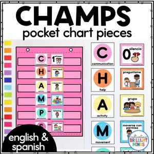 May include: CHAMPS pocket chart pieces featuring colorful circular letter cards and square activity cards with illustrations and text in English and Spanish. The set includes labels for communication, help, activity, movement, participation, and success.