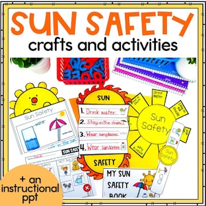 May include: A colorful educational resource titled "SUN SAFETY crafts and activities." The image features various sun safety tips, including drinking water, staying in the shade, wearing sunglasses, and sunscreen. Includes a sun-themed graphic and the text "MY SUN SAFETY BOOK."