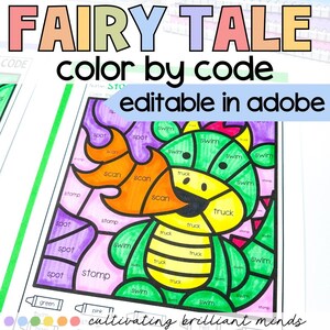 May include: A "Fairy Tale Color by Code" activity sheet with a dragon illustration. The image features the text "editable in adobe" and "cultivating brilliant minds". The dragon is divided into sections labeled with words like "swim", "truck", and "scan".