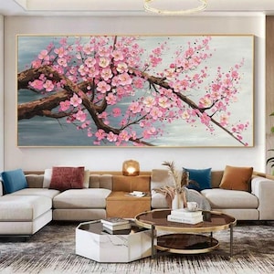 Stor 3D-texturerad målning av körsbärsblommor, modern rosa sakura-kanvastavla, inramad, redo att hängas