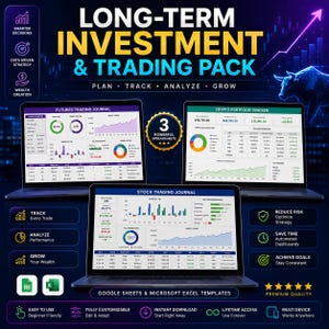 May include: An advertisement for a long-term investment and trading pack. The image features three laptops displaying financial data, with text that reads "Plan, Track, Analyze, Grow." Additional text highlights features like "Easy to Use" and "Lifetime Access."
