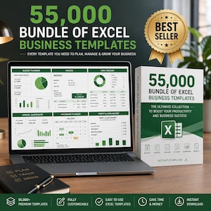 Puede incluir: Un portátil que muestra un panel de plantillas de negocios de Excel junto a una caja etiquetada como 55,000 Bundle of Excel Business Templates. Un cuaderno negro con las palabras Plan, Track, Grow y un bolígrafo están en primer plano.